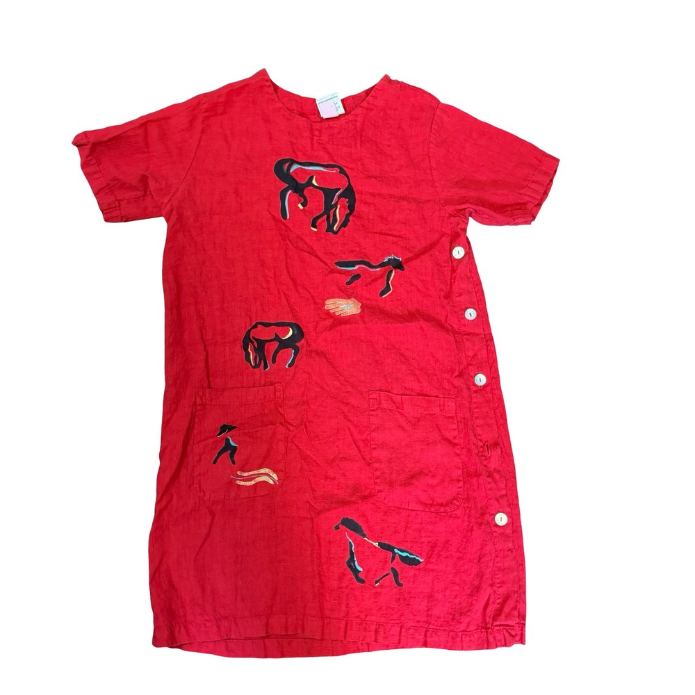 Blue-Eyed Bear Red Linen Ghost Horses Dancing Hand-Blocked Shift Dress M Vintage